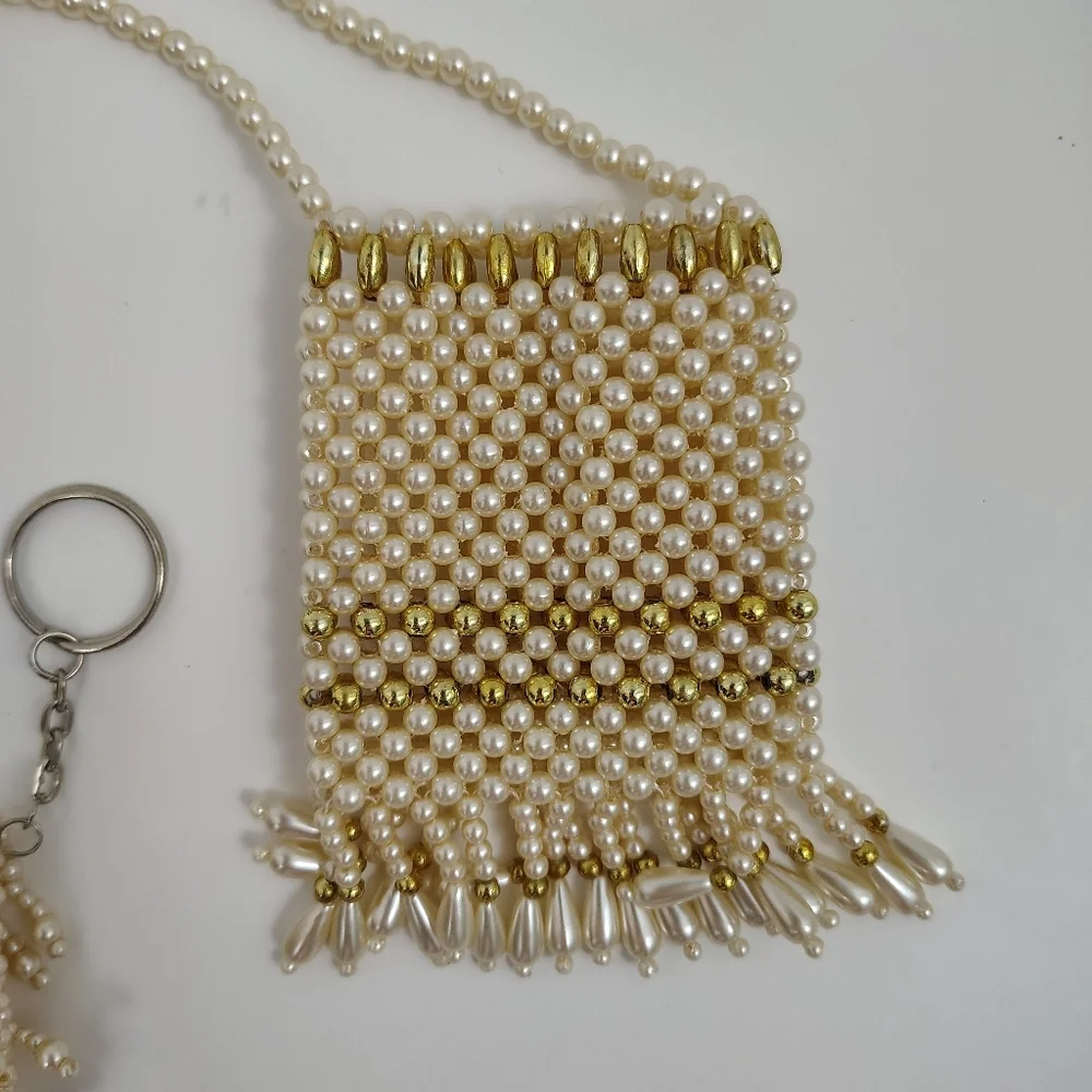 Vintage 70s 80s Off White Faux Pearl Beaded Purse Necklace And Keychain Bridal - Picture 7 of 8